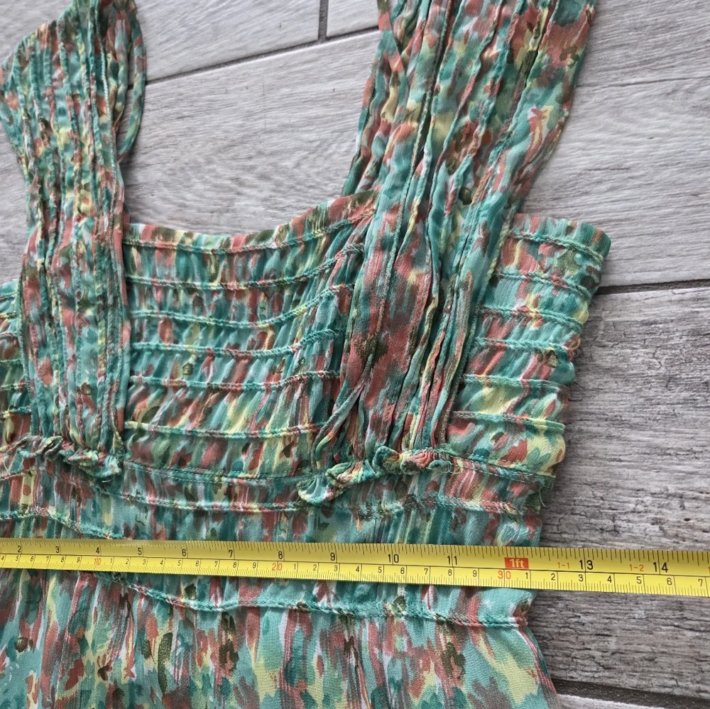 Watercolor Floral Smocked Asymmetrical Dress XS Green Boho Cottagecore Fairycore